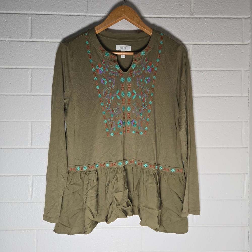 LOGO Lori Goldstein Embroidered Peplum Top Large Olive Green Lagenlook‎ Pocket